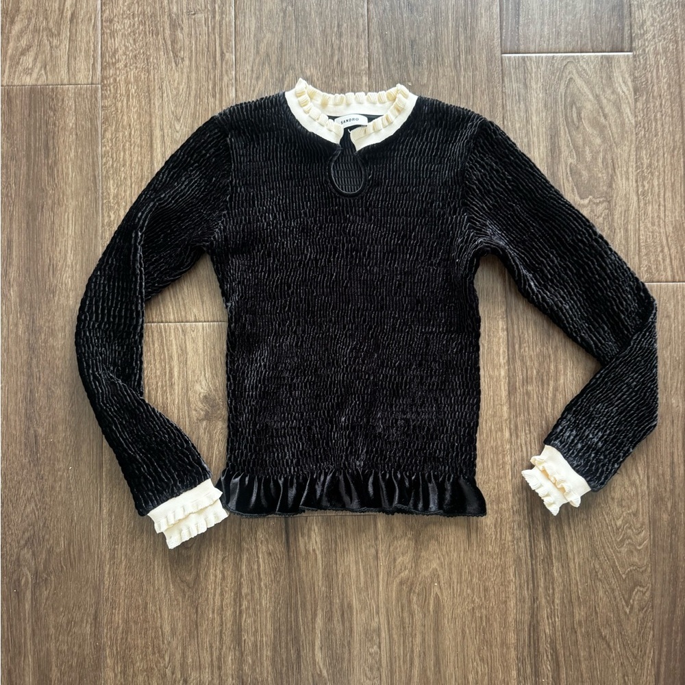 Sandro Black Long-Sleeve Ruffle-Trim Top with Cream Accents - Picture 8 of 8